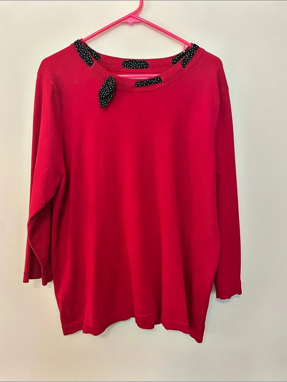 Kim Rogers Red Sweater with Polka Dot Trim XL Like New